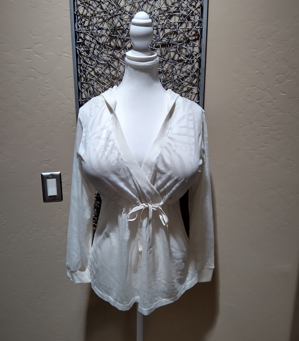Soma Animal Print Burnout Cream Surplice Tie-Front Semi-sheer Hoodie